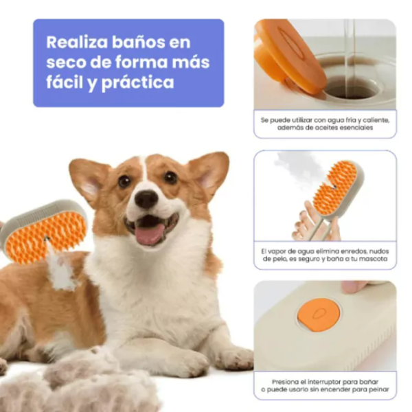 Cepillo 3 en 1 con vapor masajeador suave perro gato